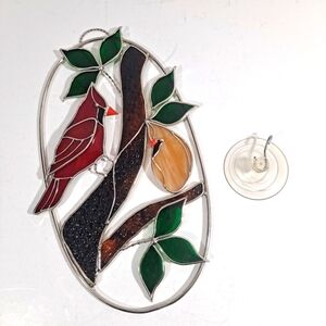 Studio One Art Glass Cardinal Stained Glass Oval Panel Window Hanging  EUC